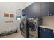 Modern laundry room featuring gray front load washer and dryer, blue cabinetry, and unique decor at 2916 E Arrowhead Trl, Gilbert, AZ 85297