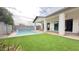 Well-manicured backyard featuring a sparkling pool, green turf, and covered patio, ideal for relaxation and outdoor enjoyment at 4201 N 18Th Pl, Phoenix, AZ 85016