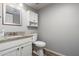 Charming powder room with granite countertop, white cabinetry, framed mirror, and modern fixtures at 4760 W Tulsa St, Chandler, AZ 85226