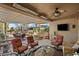 Covered patio with seating area, fireplace, and a TV at 23313 N De La Guerra Ct, Sun City West, AZ 85375