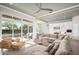 Open-concept living room with large sliding glass doors and ceiling fan at 23448 N 76Th Pl, Scottsdale, AZ 85255