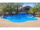 Beautiful pool covered with a blue tarp surrounded by mature landscaping and a stone waterfall feature at 3652 N Sonoran Hts, Mesa, AZ 85207