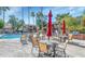 Community pool with patio furniture, umbrellas, and a grill at 5877 N Granite Reef Rd # 1160, Scottsdale, AZ 85250