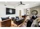 This is the living room, featuring leather sofas and chairs, as well as a large TV mounted on the wall at 8119 E Foothills Dr, Scottsdale, AZ 85255