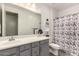 Charming bathroom features a vanity with gray cabinetry, large mirror, and Paris-themed shower curtain at 10029 E Tahoe Ave, Mesa, AZ 85212