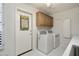 Functional laundry room featuring washer, dryer, cabinets, and access to exterior at 15406 W Pinchot Ct, Goodyear, AZ 85395