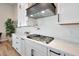 Modern kitchen with a gas cooktop, custom range hood, and white shaker cabinets at 25232 S Pyrenees Ct, Queen Creek, AZ 85142