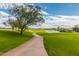 Scenic view of the golf course featuring green fairways, a cart path, and a tranquil lake at 3254 N Ladera Cir, Mesa, AZ 85207