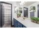 This bathroom boasts blue cabinets with modern gold hardware, framed mirrors and an undermount sink at 22415 N 34Th Ln, Phoenix, AZ 85027