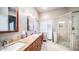 Bathroom featuring double sinks, granite countertops, and a walk-in shower at 1022 E Hiddenview Dr, Phoenix, AZ 85048