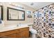 Well-lit bathroom features a single sink vanity, decorative mirror, and a shower with a patterned curtain at 8479 E Sunrise Sky Dr, Gold Canyon, AZ 85118