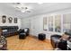 Living room with hardwood floors, comfortable seating, and a ceiling fan at 10531 W Prairie Hills Cir, Sun City, AZ 85351