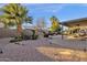 Landscaped backyard featuring a covered patio, gravel, a palm tree, and manicured shrubbery at 924 S Evergreen St, Chandler, AZ 85225