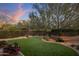 Beautifully landscaped backyard with a green lawn, desert plants, and privacy fence under a vibrant sky at 9290 E Thompson Peak Pkwy # 444, Scottsdale, AZ 85255