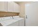 Bright laundry room with white appliances, ample cabinetry, and a white door at 13248 N 12Th Pl, Phoenix, AZ 85022