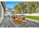 Charming outdoor dining area on a brick patio, surrounded by lush greenery and a view of the pool at 12 E Northview Ave, Phoenix, AZ 85020