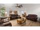 Spacious living room featuring brown leather sofas and a rustic wooden coffee table at 11995 E Pivot Peak --, Gold Canyon, AZ 85118