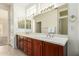 Double sink bathroom with wood cabinets and large mirror at 16331 W Willow Creek Ln, Surprise, AZ 85374