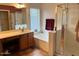 Bathroom with soaking tub, shower, and wood cabinets at 14960 W Cottonwood St, Surprise, AZ 85374