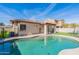 View of pool with artificial turf, privacy fence, desert landscaping and part of house in the background at 2637 S Sandstone St, Gilbert, AZ 85295