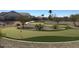 Backyard putting green with undulating turf and mature landscaping, perfect for practice at 19850 N 110Th Ln, Peoria, AZ 85373