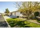 Inviting front yard with lush green lawn, mature tree, and a glimpse of the charming home at 2663 S Springwood Blvd # 299, Mesa, AZ 85209