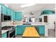Kitchen boasts teal cabinets, stainless steel appliances, and butcher block island at 8500 E Southern Ave # 577, Mesa, AZ 85209
