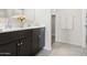 Bathroom showcasing a double sink vanity, dark wood cabinetry, and a walk-in closet entrance at 24134 N Cotton Cir, Florence, AZ 85132