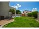 Lush backyard featuring a pool, well-maintained lawn, palm tree, and privacy landscaping for outdoor enjoyment at 19520 N 65Th Ave, Glendale, AZ 85308