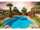 Stunning freeform pool surrounded by palm trees and landscaping at 21510 E Mewes Rd, Queen Creek, AZ 85142