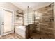 Modern bathroom with walk-in shower, soaking tub, and stylish shelving at 4213 E Stanford Ave, Gilbert, AZ 85234