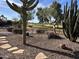 Landscaped backyard features desert plants, stone pathways, and a view of the golf course, perfect for relaxing at 10139 E Copper Dr, Sun Lakes, AZ 85248