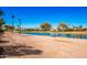 Scenic backyard view of the lakefront property with palm trees, lush greenery, and mountain views at 16442 W Berkeley Rd, Goodyear, AZ 85395