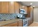 Modern kitchen with stainless steel appliances, granite countertops, and stylish backsplash at 7844 E Coolidge St, Scottsdale, AZ 85251