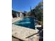 Inviting backyard pool with stone patio and lush landscaping, perfect for outdoor relaxation at 4119 E Glencove St, Mesa, AZ 85205