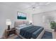 Neutral bedroom featuring a ceiling fan and a blue accent rug and bedding at 6270 N 78Th St # 323, Scottsdale, AZ 85250