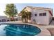 A backyard pool features a patio area with a grill, palm trees, and a privacy wall at 3403 E Kristal Way, Phoenix, AZ 85050