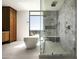 This modern bathroom includes a freestanding tub, a luxurious marble shower, and stunning city views from the expansive window at 4725 N 56Th St, Phoenix, AZ 85018
