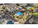 Aerial view of a private backyard oasis featuring a sparkling pool, covered patio, and manicured landscaping at 586 E Stirrup Ln, San Tan Valley, AZ 85143