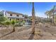 Spacious backyard with mature palm trees, decorative stone landscaping, and a relaxing seating area by the pool at 586 E Stirrup Ln, San Tan Valley, AZ 85143