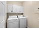 Functional laundry room with upper cabinets and a white washer and dryer at 11500 E Cochise Dr # 2067, Scottsdale, AZ 85259