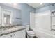 Stylish bathroom with granite countertops, single sink, and shower over tub at 25297 N 163Rd Dr, Surprise, AZ 85387