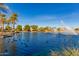 Beautiful waterfront view with ducks swimming, a central fountain, and palm trees under a clear blue sky at 42735 W Bravo Dr, Maricopa, AZ 85138