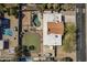 Aerial view of a home's backyard, complete with a pool, green lawn, and an outdoor entertainment area at 7545 W Villa Rita Dr, Glendale, AZ 85308