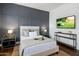 Comfortable bedroom with paneled accent wall, plush bedding, and a wall-mounted television at 9412 E Hidden Spur Trl, Scottsdale, AZ 85255