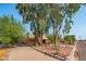 Expansive front yard showcasing desert landscaping with mature trees and decorative stone edging at 14264 S Baniff Ln, Arizona City, AZ 85123