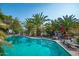 Backyard pool featuring blue water, patio furniture, and desert landscaping with many shady palm trees at 14264 S Baniff Ln, Arizona City, AZ 85123