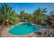 Inviting backyard pool with clear blue water surrounded by lush palm trees and desert landscaping at 14264 S Baniff Ln, Arizona City, AZ 85123