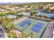 Aerial view of well maintained blue and green tennis courts lined with palm trees at 23731 S Angora Dr, Sun Lakes, AZ 85248