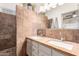 Bathroom featuring granite counters, dual sinks, stone tile backsplash, and tiled shower at 2528 E La Costa Dr, Chandler, AZ 85249